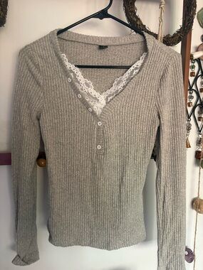 SHEIN Gray Ribbed Long Sleeve Henley with White Lace Trim